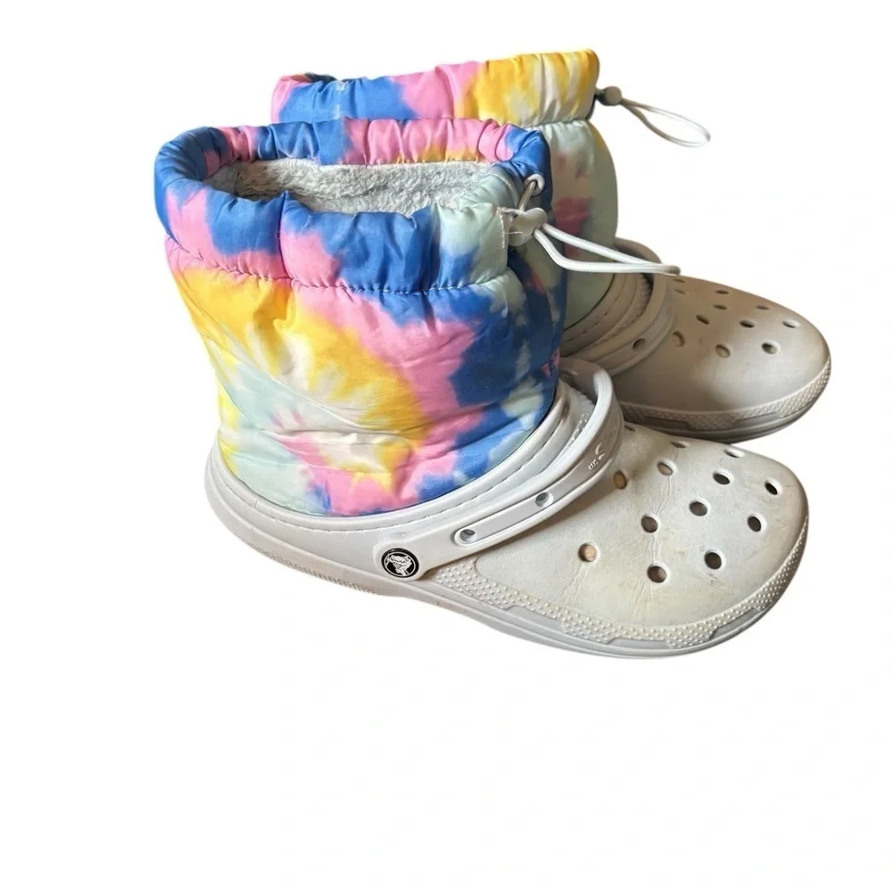 Crocs Classic Lined Neo Puff Boots W/10 M/8 In Tie-Dye Mineral Blue Fleece Lined